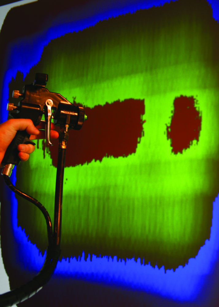 The variation in color on the accumulation mode of VirtualPaint shows the thickness of paint sprayed by the technician. Photos courtesy of IWRC.