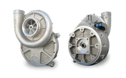 Figure 3: Modern centrifugal compressor developed for deicer vehicle application. Unit accepts direct-coupled hydraulic motor drive at 100+ HP Rating, up to 45,000 RPM impeller speed, continuous duty. Figure 3: Modern centrifugal compressor developed for deicer vehicle application. Unit accepts direct-coupled hydraulic motor drive at 100+ HP Rating, up to 45,000 RPM impeller speed, continuous duty.