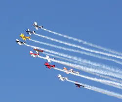 Team RV flies a 12-ship aircraft formation as part of its high-energy performance. Photo courtesy of EAA. Team RV flies a 12-ship aircraft formation as part of its high-energy performance. Photo courtesy of EAA.