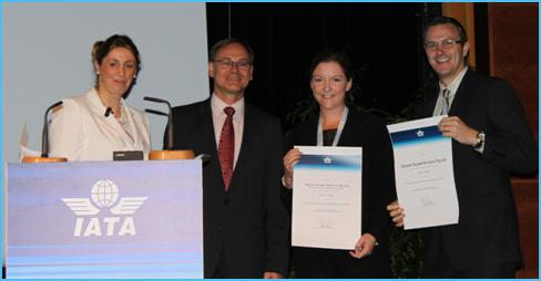 Pictured at presentation (L to R) Monika Mejstrikova and Guenther Matschnigg (both of IATA), Rebecca Boyd and David Tabb of Skystar.