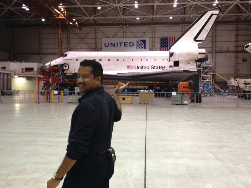 The Space Shuttle Endeavor's final flight in September included a stop in the LAX United maintenance hangar; shown with AMTSociety Director Mark Collins. It was on its way to the California Science Center (CSC).