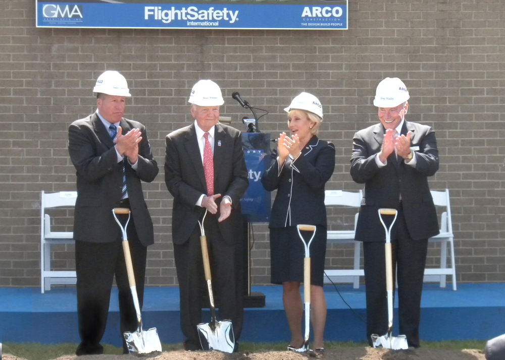 From left to right are Moonachie, New Jersey Mayor Dennis Vaccaro; Bruce Whitman, President & CEO, FlightSafety; State of New Jersey Lieutenant Governor Kim Guadagno;and Greg Wedding, Vice President, Teterboro Center Manager, FlightSafety.