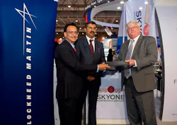 Skyone Maintenance Services officials (from left) Sam Sayani, chief executive officer, and Jaideep Mirchandani, chairman, officially announced a business alliance with Lockheed Martin’s Kelly Aviation Center (LMKAC), represented by Business Development Director Frank Cowan, at the Dubai Air Show. The collaboration with LMKAC, provider of engine maintenance, repair and overhaul (MRO) services, supports Skyone’s commercial MRO capabilities and its commitment to providing the convenience of full aircraft MRO performed through a single company. Skyone Maintenance Services officials (from left) Sam Sayani, chief executive officer, and Jaideep Mirchandani, chairman, officially announced a business alliance with Lockheed Martin’s Kelly Aviation Center (LMKAC), represented by Business Development Director Frank Cowan, at the Dubai Air Show. The collaboration with LMKAC, provider of engine maintenance, repair and overhaul (MRO) services, supports Skyone’s commercial MRO capabilities and its commitment to providing the convenience of full aircraft MRO performed through a single company.