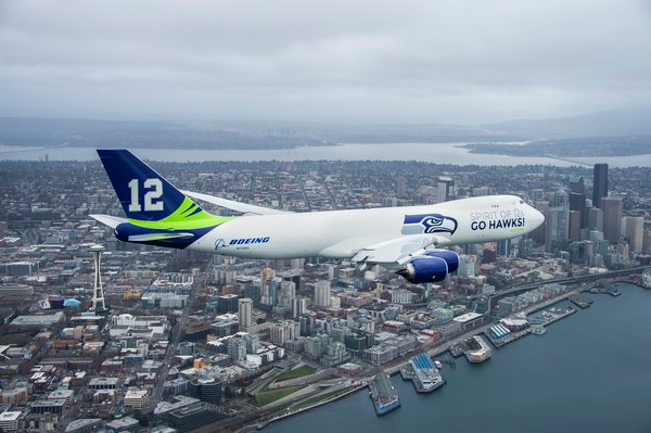 The 747-8 is owned by Boeing and is being used for flight testing. The number 12 is a salute to the team's fans, collectively known as being the Seahawks '12th man.'
