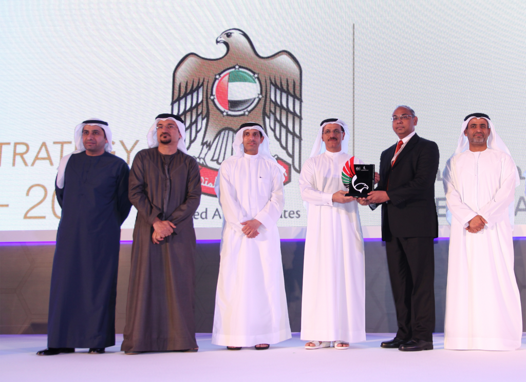 Left to right: Mr. Ismail Abdul Wahid, Assistant Director General of Air Accident Investigations, GCAA; Mr. Ismail Mohammed Al Balooshi, Assistant Director General of Aviation Safety Affairs, GCAA; Mr. Omar Bin Ghaleb, Deputy Director General, GCAA; H.E. Sultan Bin Saeed Al Mansouri, Minister of Economy, UAE; Mr. Wajahat Ali Khan, Director Safety & Quality Assurance, Jet Aviation Dubai; H.E. Saif Mohammed Al Suwaidi, Director General, GCAA.