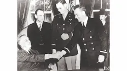 President Franklin D. Roosevelt presents the nation’s first-ever Air Medals, given for valor in flight, to a pair of CAP subchasers – Maj. Hugh R. Sharp, center, and 1st Lt. Edmund “Eddie” Edwards, second from right, in the Oval Office in February 1943. President Franklin D. Roosevelt presents the nation’s first-ever Air Medals, given for valor in flight, to a pair of CAP subchasers – Maj. Hugh R. Sharp, center, and 1st Lt. Edmund “Eddie” Edwards, second from right, in the Oval Office in February 1943.