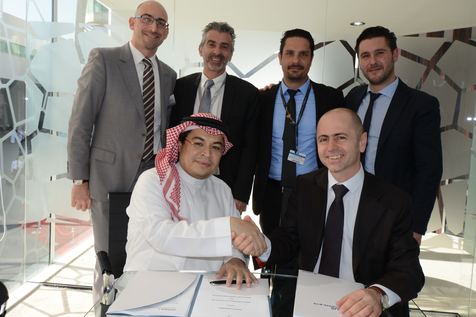 Mr. Abdullah Al-Sayed, President & CEO of Nexus Flight Operations Services and Mr. Joel Frugier, Airbus Corporate Jet Centre General Manager.Back row: Mr. Marco Mantovani, representing ACJC Customer Support and Services; Mr. Bruno Galzin, representing ACJC Sales and Marketing; Mr. Khaldoun Al Halawani, Vice President &ndash; Technical Services of Nexus Flight Operations Services; Mr. Samuel Puginier, ACJC Services Sales Director for the Middle-East.