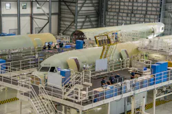 Major components of the first two aircraft to be assembled at the Airbus U.S. Manufacturing Facility are shown in the main final assembly hangar at this American A320 Family production site. Major components of the first two aircraft to be assembled at the Airbus U.S. Manufacturing Facility are shown in the main final assembly hangar at this American A320 Family production site.