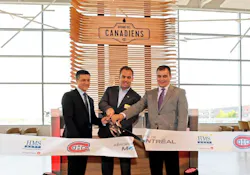 Cutting the ribbon, from left to right, Charles A Gratton, vice president, real estate and commercial services, Aéroports de Montréal; Montreal Canadiens President and CEO Geoff Molson; HMSHost Vice President of Business Development Stephen Douglas. Cutting the ribbon, from left to right, Charles A Gratton, vice president, real estate and commercial services, Aéroports de Montréal; Montreal Canadiens President and CEO Geoff Molson; HMSHost Vice President of Business Development Stephen Douglas.