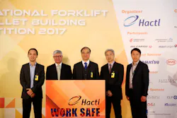 (from left) Occupational Safety and Health Council Principal Consultant Dr Winson Yeung; Hactl Chief Executive Mark Whitehead; Under Secretary for Transport and Housing, Yau Shing-mu; Assistant Commissioner for Labour (Occupational Safety) Wu Wai-Hung and Hactl Executive Director Kenneth Chan launch the 2017 Hactl International Forklift and Pallet Building Competition. (from left) Occupational Safety and Health Council Principal Consultant Dr Winson Yeung; Hactl Chief Executive Mark Whitehead; Under Secretary for Transport and Housing, Yau Shing-mu; Assistant Commissioner for Labour (Occupational Safety) Wu Wai-Hung and Hactl Executive Director Kenneth Chan launch the 2017 Hactl International Forklift and Pallet Building Competition.