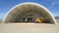 Because fabric hangars are lighter than traditional materials they don't need to have center posts to support the roof structure. Because fabric hangars are lighter than traditional materials they don't need to have center posts to support the roof structure.