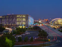Caption: Prominently sited at the San Jose Mineta International Airport’s entry point, the Terminal B ConRAC and Parking Structure greets visitors with monumental public art on its east façade that faces a major freeway leading to downtown San Jose. Caption: Prominently sited at the San Jose Mineta International Airport’s entry point, the Terminal B ConRAC and Parking Structure greets visitors with monumental public art on its east façade that faces a major freeway leading to downtown San Jose.