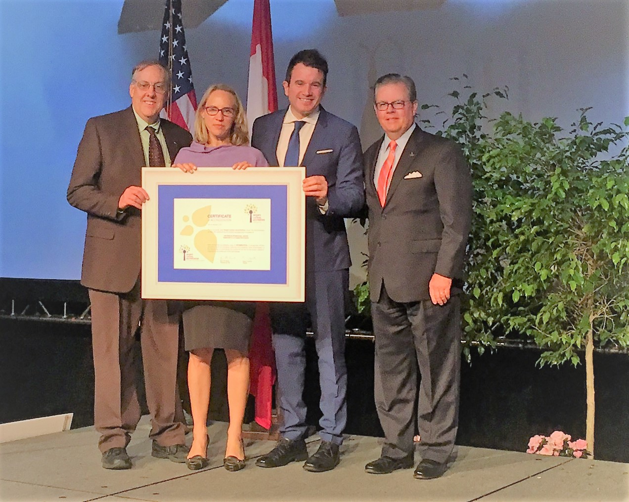 From left: LAWA Environmental Programs Group Managers Robert Freeman and Tamara McCrossen-Orr, along with LAWA Deputy Executive Director for External Affairs Trevor Daley, join Airports Council International-North America Chief Executive Officer Kevin M. Burke to accept LAX&rsquo;s Airport Carbon Accreditation &ldquo;Level 3&rdquo; certificate.