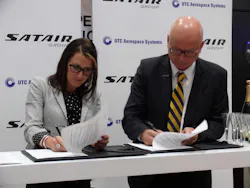 Alison Davidson, Executive Director of Aftermarket Sales for UTC Aerospace Group and Mr Steen Karsbo, Vice President Business Development for Satair Group. Alison Davidson, Executive Director of Aftermarket Sales for UTC Aerospace Group and Mr Steen Karsbo, Vice President Business Development for Satair Group.