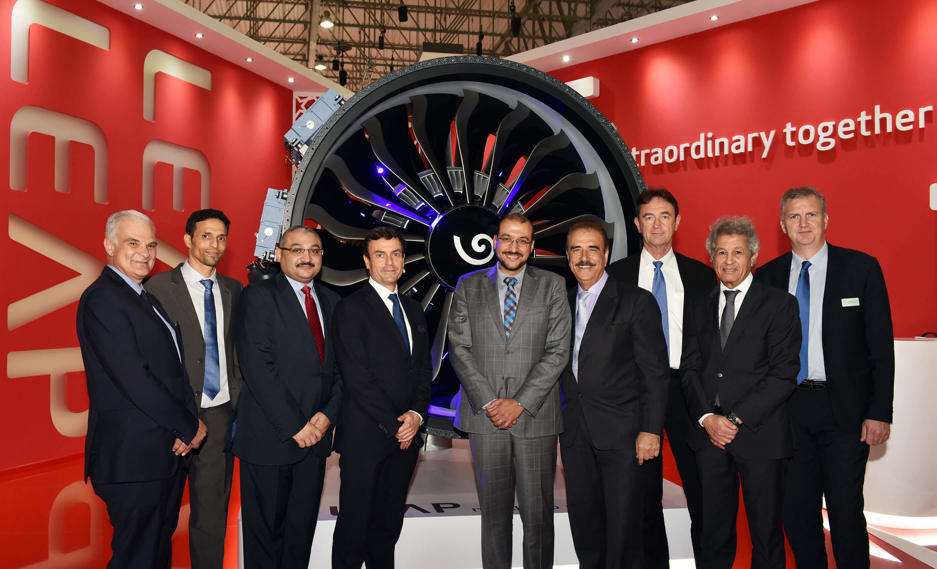 From left: Isam Moursy VP-Sales, GE Aviation; Mounir Bouzaiane, CFM sales director; Ayman Thabet, Planning director, EGYPTAIR Holding Company; Philippe Couteaux, VP Global Sales, Safran Aircraft Engines; Ehab Ghazy, VP Planning, EGYPTAIR Holding Company; Chaker Chahrour, VP Global Sales & Marketing GE Aviation; Pascal Charillat, CFM Sales Support Director; Zair Abderrahim, CFM VP Sales; Christophe Poulain, CFM VP Sales Support.