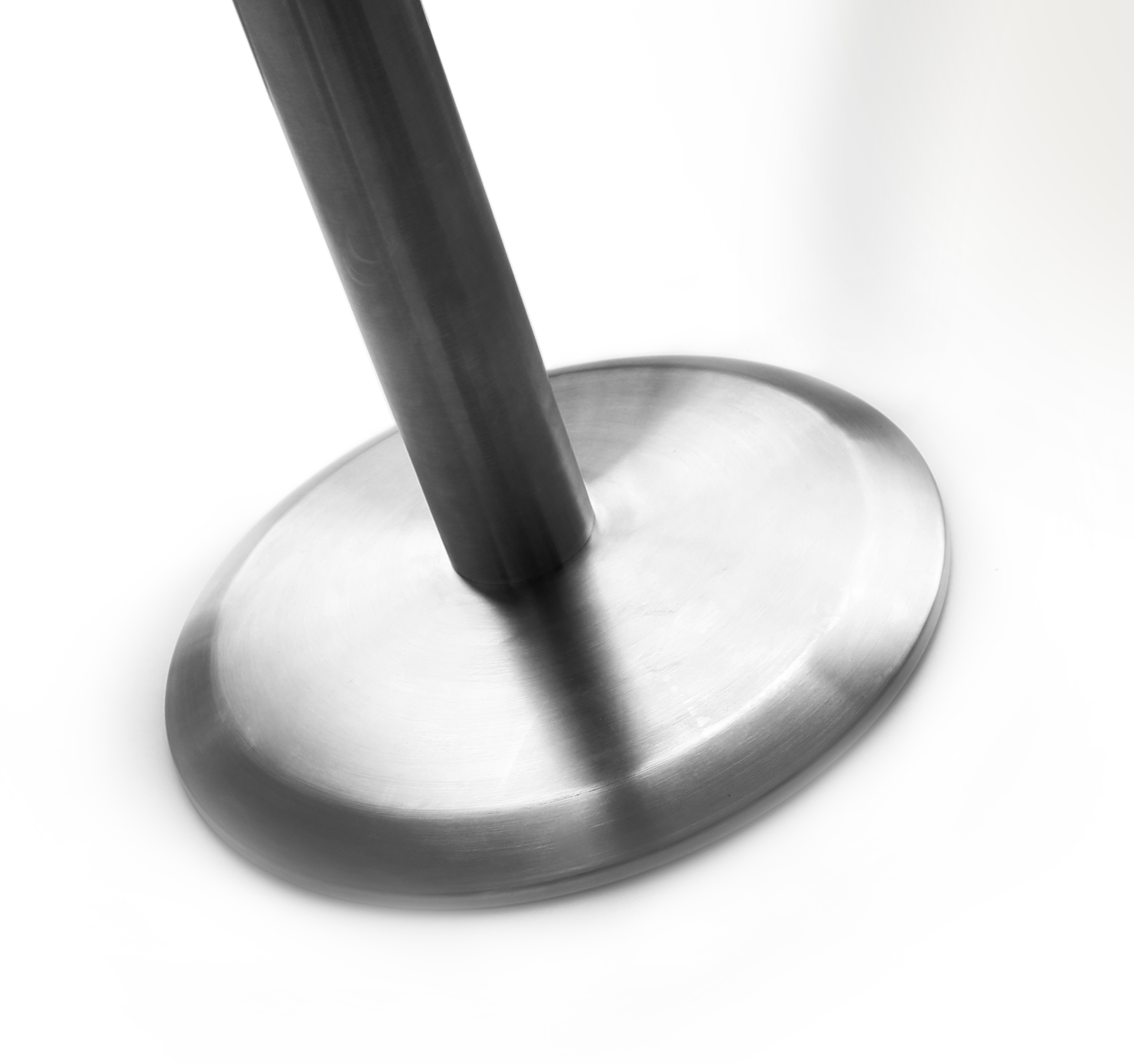 A low profile Tensabarrier base, in a brushed steel finish.