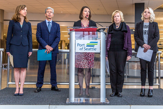From left to right, Dr. Mar Brettmann, Executive Director of BEST; Tony Gonchar, Delta Air Lines VP &ndash; Seattle; Courtney Gregoire, Port of Seattle Commission President; Jeanne Kohl-Welles, King County Councilmember; Kyra Doubek, CSEC Behavioral Health Specialist for K