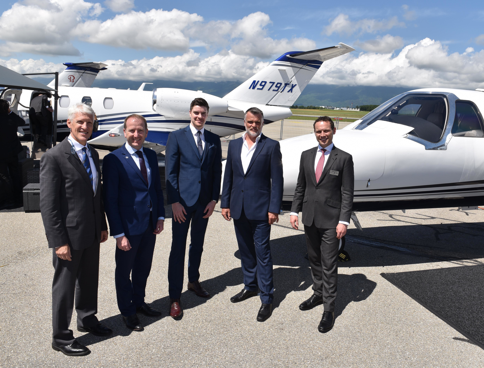 At Textron Aviation&rsquo;s EBACE 2018 static display from left to right: Tom Perry, regional vice president of European Sales, Textron Aviation; Lee McConnell, director of operations management, ORTAC; Christian Jones, ground operations manager, ORTAC; Tobi Mathews, director of airworthiness management, ORTAC; Ashley Namihas, regional sales director, Textron Aviation.