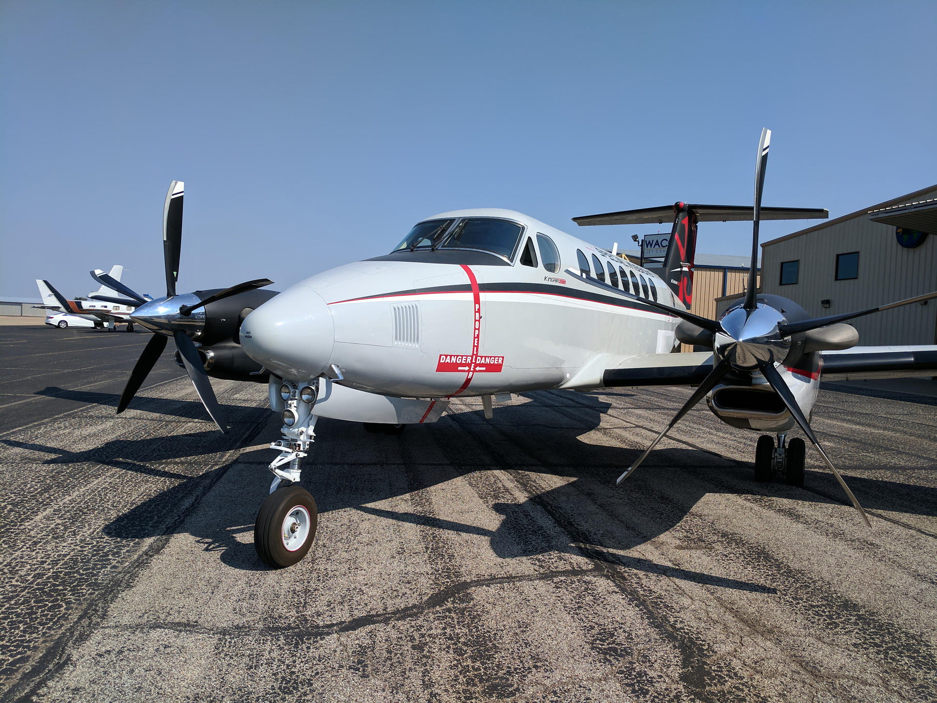 SNC&rsquo;s test bed King Air 350ER at Blackhawk headquarters for XP67A engine+ upgrade certification.