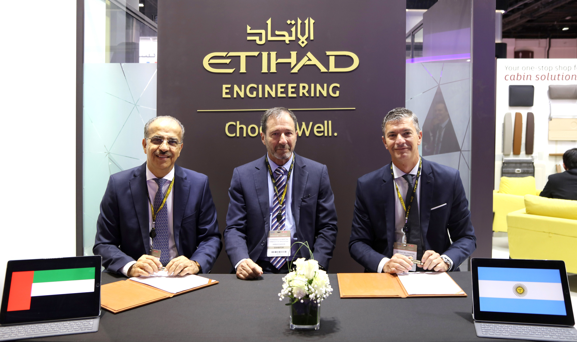 His Excellency Fernando R. de Martini, Ambassador of Argentina to the UAE attends the signing of a multi-year collaboration between Etihad Airways Engineering Chief Executive Officer, Abdul Khaliq Saeed and Antonio Beltramone, President FAdeA, which took place at MRO Middle East in Dubai, UAE.
