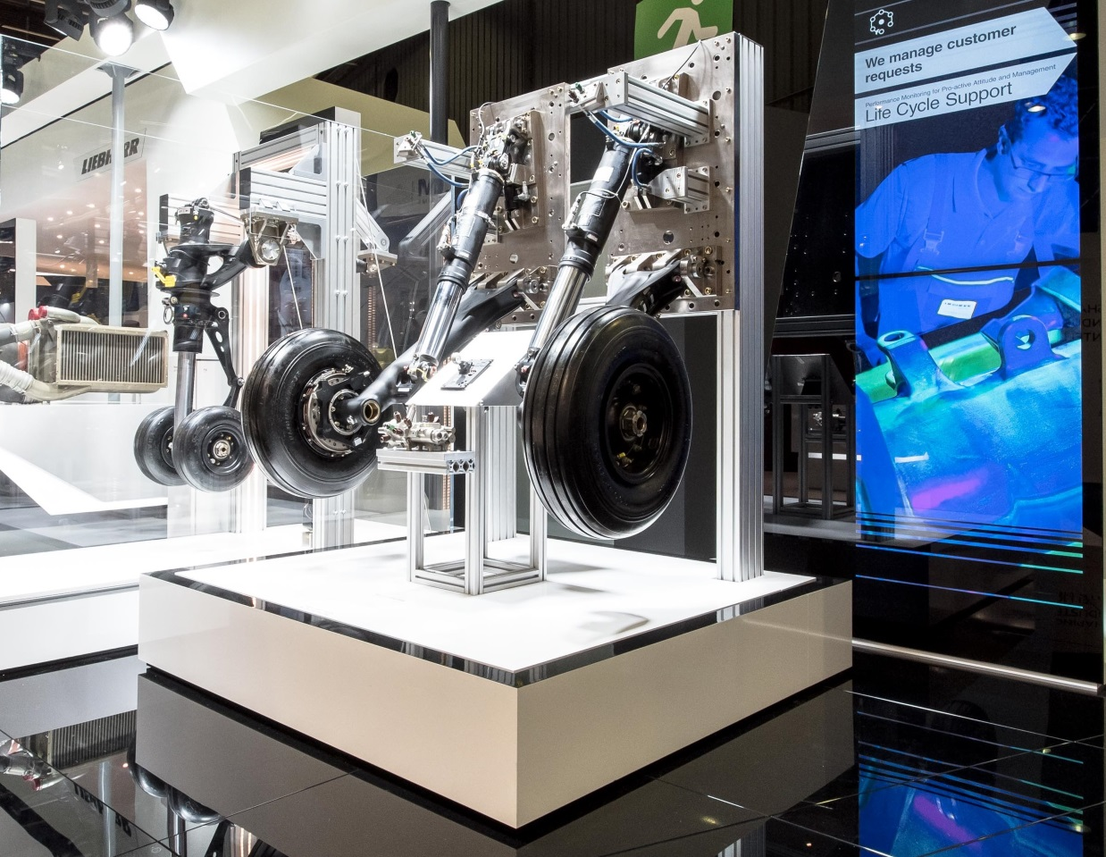 Liebherr displays the landing gear system of the AW189 helicopter at Aero India.