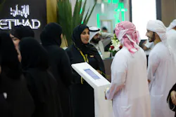 Alia Alshaqqa, Etihad Airways Guest Service Agent, introducing the career programs to visitors at Etihad stand during the UAE Careers-Dubai. Alia Alshaqqa, Etihad Airways Guest Service Agent, introducing the career programs to visitors at Etihad stand during the UAE Careers-Dubai.