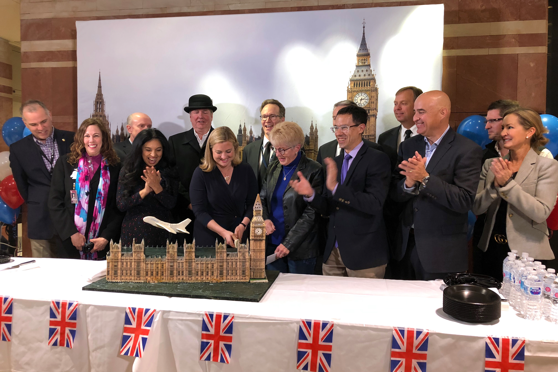 Back row pictured from left to right: Phoenix City Manager Ed Zuercher, Director of Aviation Services James E. Bennett, Managing Director for American Airlines in Phoenix John Daley, and crew members from American Airlines. Front row pictured from left to right: Assistant Aviation Director Deborah Ostreicher, Phoenix City Councilwoman Felicita Mendoza, Phoenix Mayor Kate Gallego, Phoenix Mayor Thelda Williams, President and Chief Executive Officer of the Arizona Chamber of Commerce Glenn Hamer, CEO of the Greater Phoenix Chamber of Commerce Todd Sanders, and President and CEO of the Arizona Lodging and Tourism Association Kim Sabow.