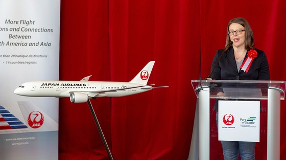 Port Commissioner Courtney Gregoire welcomes Japan Airlines' inaugural flight between Sea-Tac Airport and Tokyo-Narita on March 31, 2019.