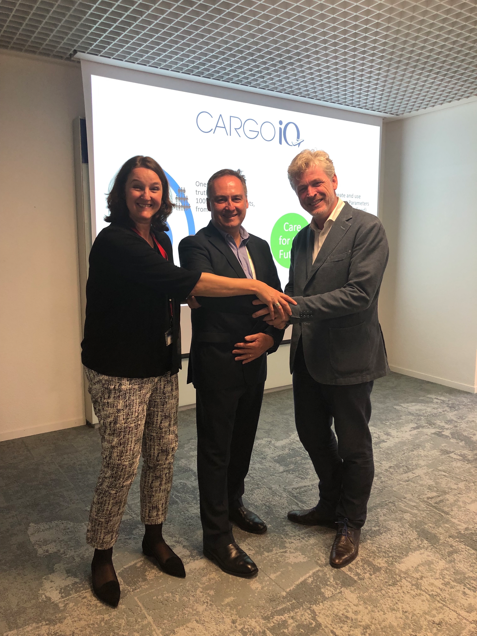 From left to right, Kerstin Strauss, VP Air Logistics Operations, Global Airfreight, Kuehne + Nagel; Scott McCorquodale, Chief Automation Officer, Air Cargo, WiseTech Global; Ariaen Zimmerman, Executive Director, Cargo iQ.
