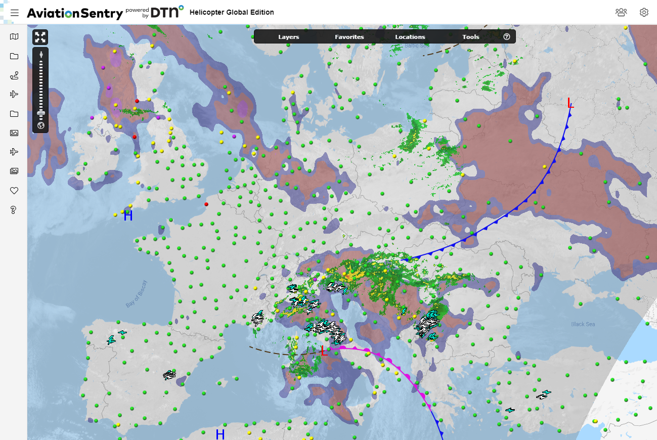 DTN AviationSentry Helicopter Edition plots a helicopter&rsquo;s real-time position against weather and provide asset alerts against wind, ceiling, visibility, lightning and radar.