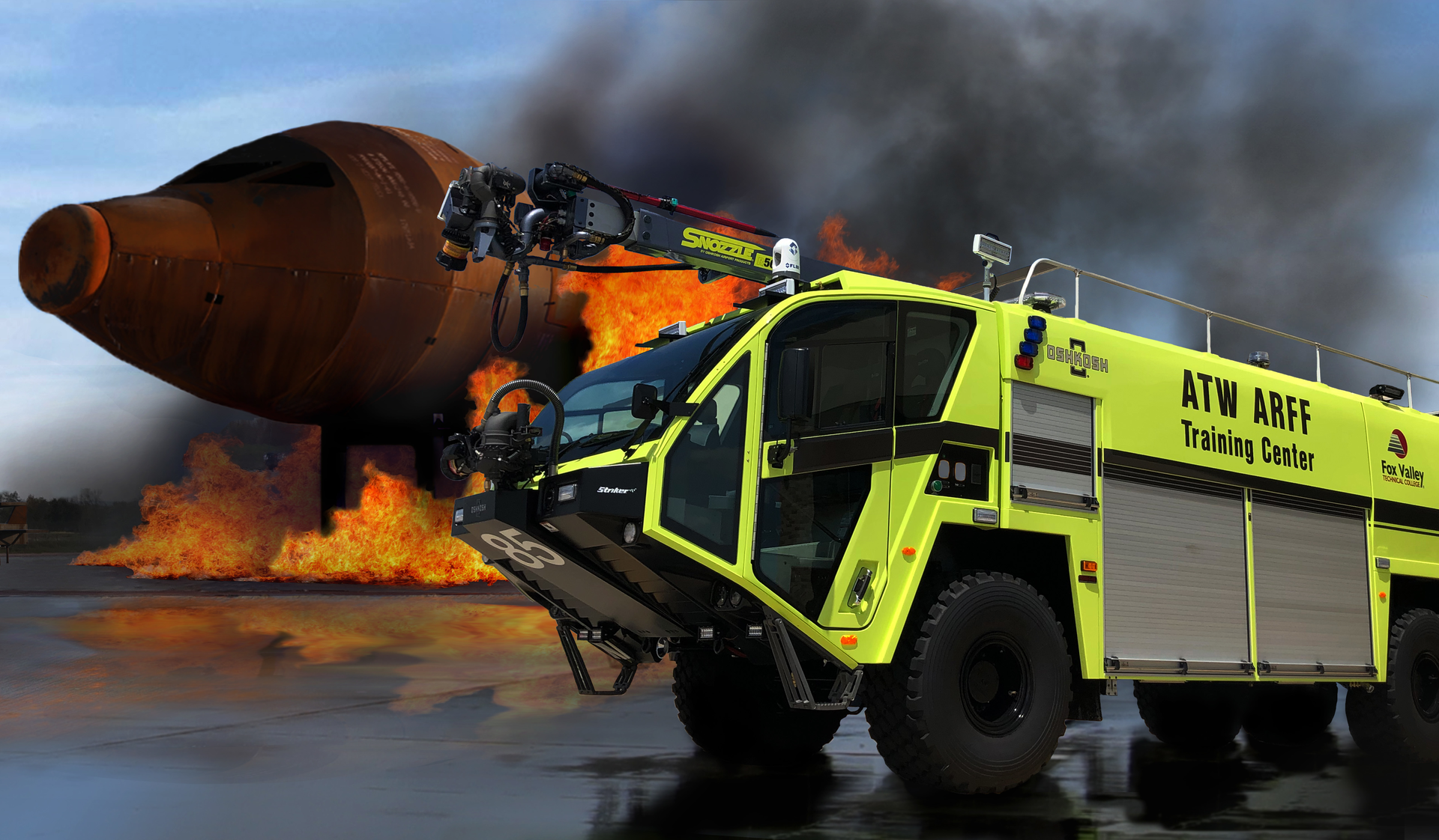 Fox Valley Technical College's ARFF training vehicle and Boeing 777 training prop.