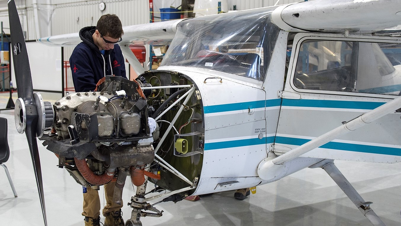 Student At Fanshawe College&rsquo;s Norton Wolf School Of Aviation Technology Inspects An Aircraft