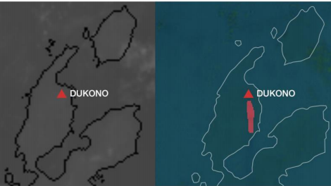 Himawari-8 infrared imagery taken at 6:10 (JST) on April 5, 2021 shows the volcanic ash cloud from DUKONO in the northern part of Armahera Island, Indonesia. Volcanic ash plume cannot be observed in the infrared satellite image (left). AI volcanic ash detection system captures volcanic ash cloud (right). Information from the Volcanic Ash Information Center VAAC Darwin also indicated that there was an eruption of volcanic ash.