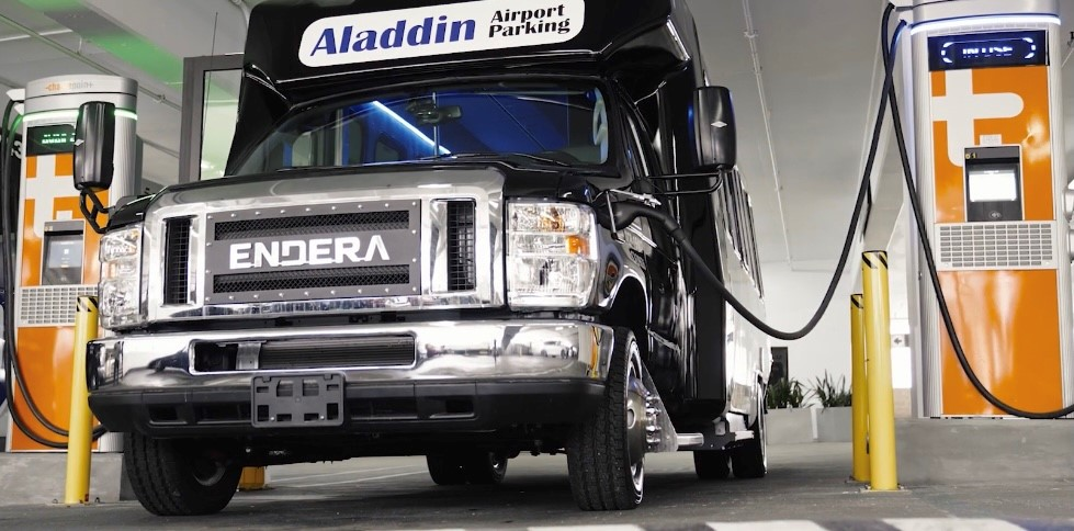 Endera&rsquo;s fully electric customized shuttles supplied to SP+ at the San Diego International Airport