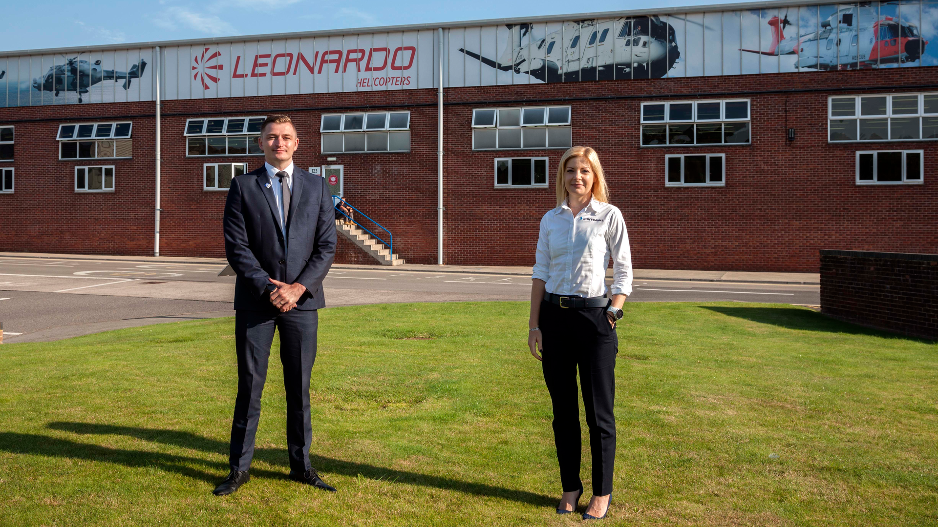 Christopher Thomson, supplier development manager for Leonardo Helicopters (UK) division, poses for a photo with RHH Franks managing director Elsa Hogan.