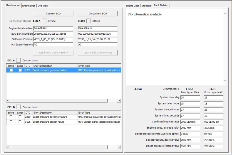 Example Maintenance page registering a boost pressure fault.