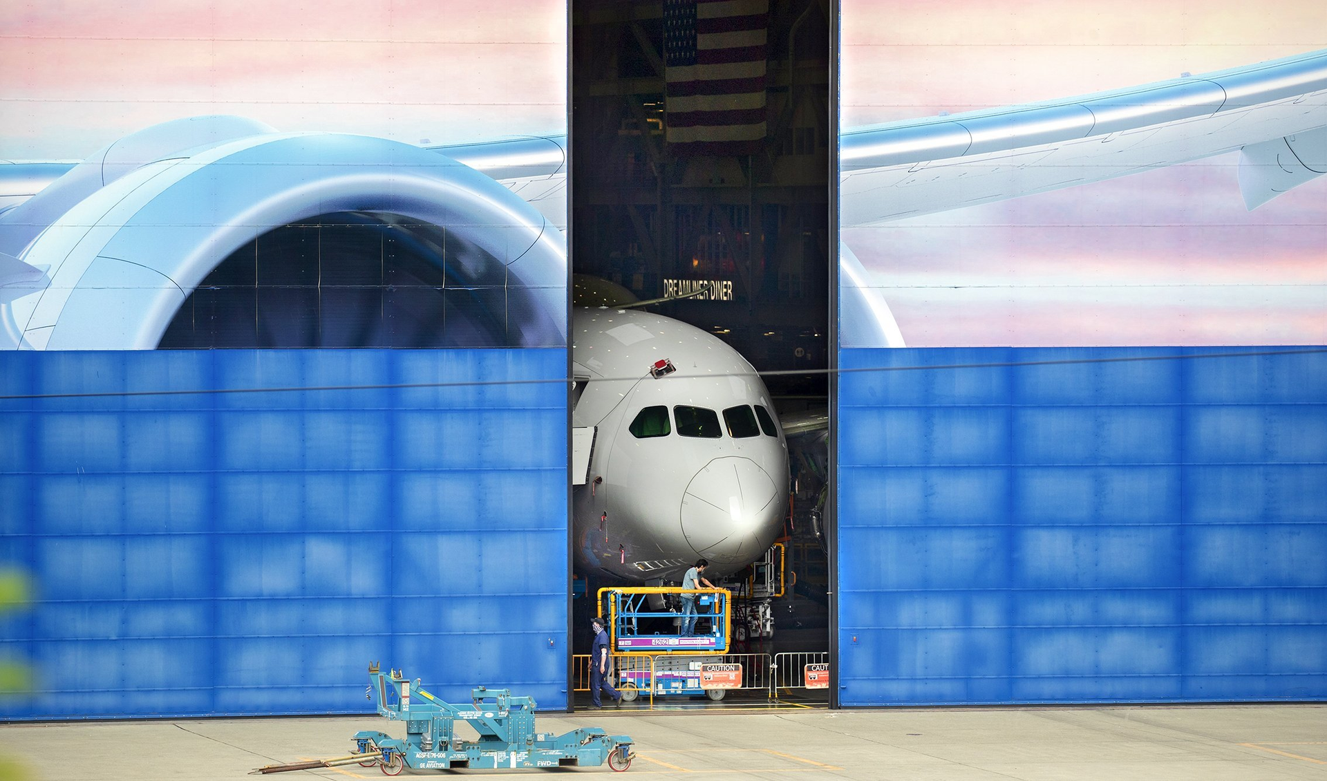 A new Boeing 787 Dreamliner emerges from the 787 final assembly factory in Everett, Washington, on July 24, 2020.