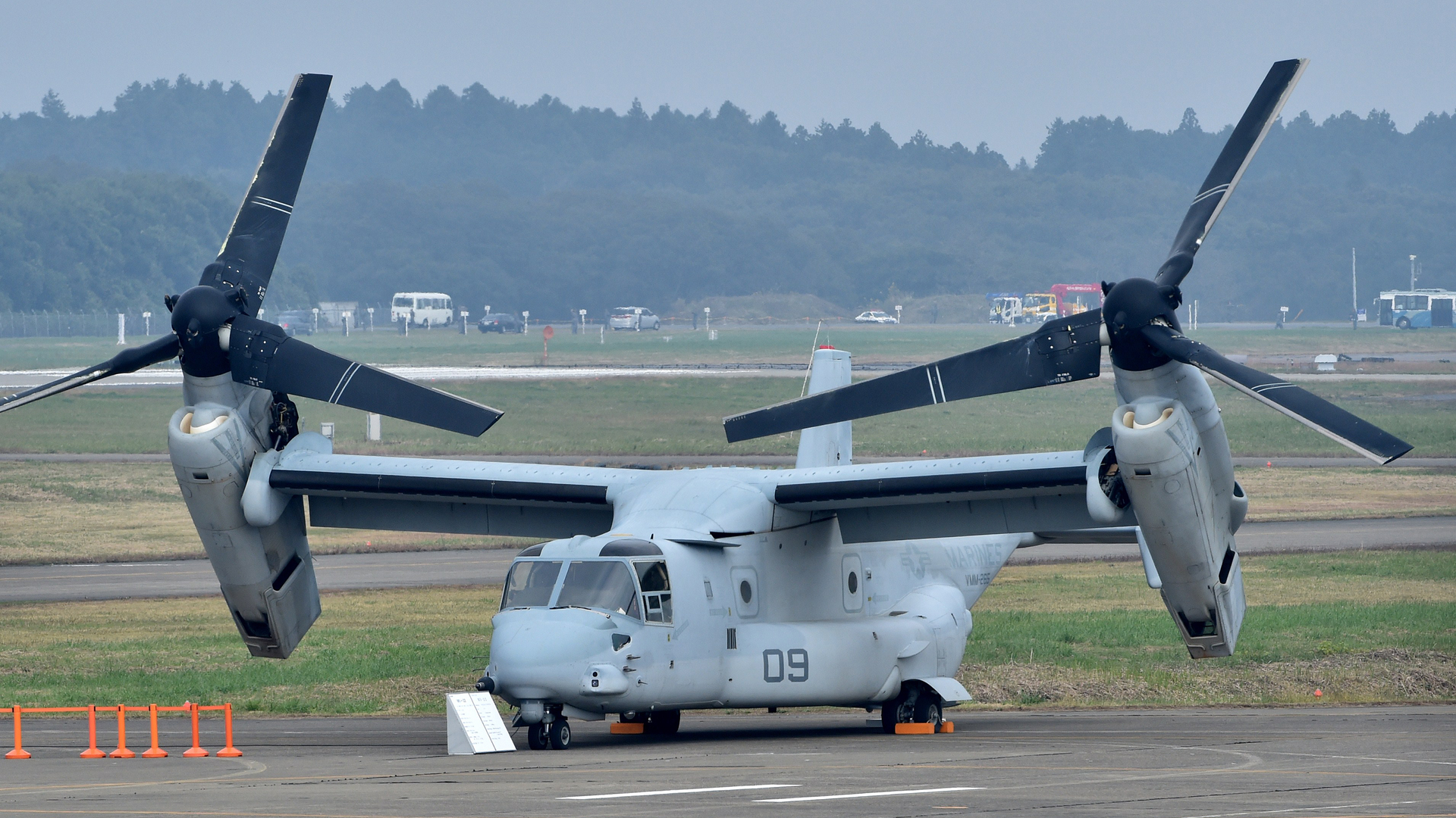 An MV-22 Osprey aircraft of the US Marine Corps is displayed on a runway during an air review ceremony at the Japan Air Self-Defense Force's Hyakuri air base in Omitama, Ibaraki prefecture on October 26, 2014.