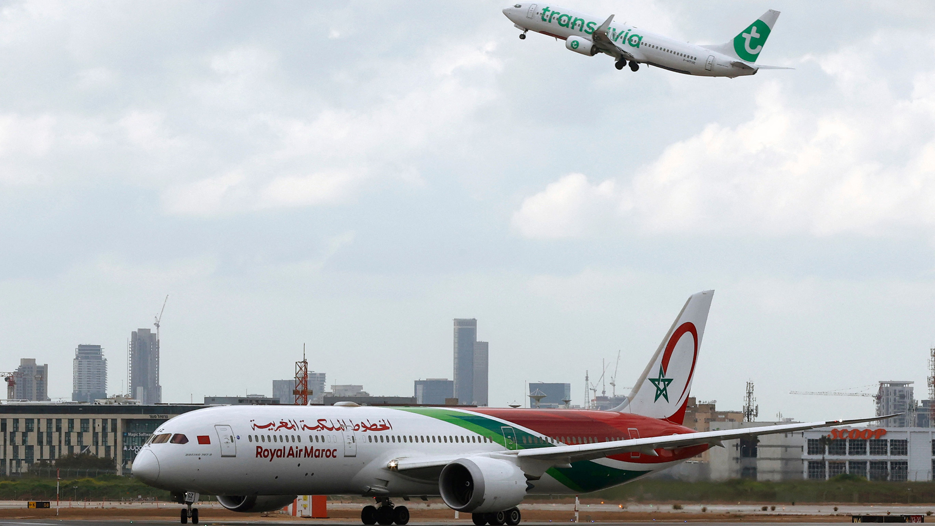 A Royal Air Maroc (RAM) Boeing 787-9 'Dreamliner' aircraft lands at Israel's Ben Gurion Airport, in Lod, on March 13, 2022, after flying RAM's first scheduled commercial flight from Casablanca.