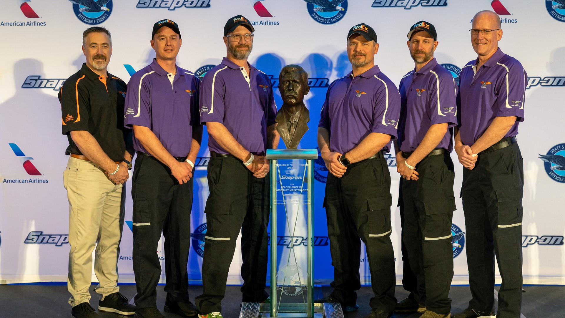 FedEx Indy bested 73 global teams to win the famed William F. &ldquo;Bill&rdquo; O&rsquo;Brien Award for Excellence in Aircraft Maintenance at the Aerospace Maintenance Competition (AMC) Presented by Snap-on in Dallas. From left to right are Christian Kline, Scott Johnston, Joe Schmalz, Travis Donald, Rob Shrum and Jim Hoag.