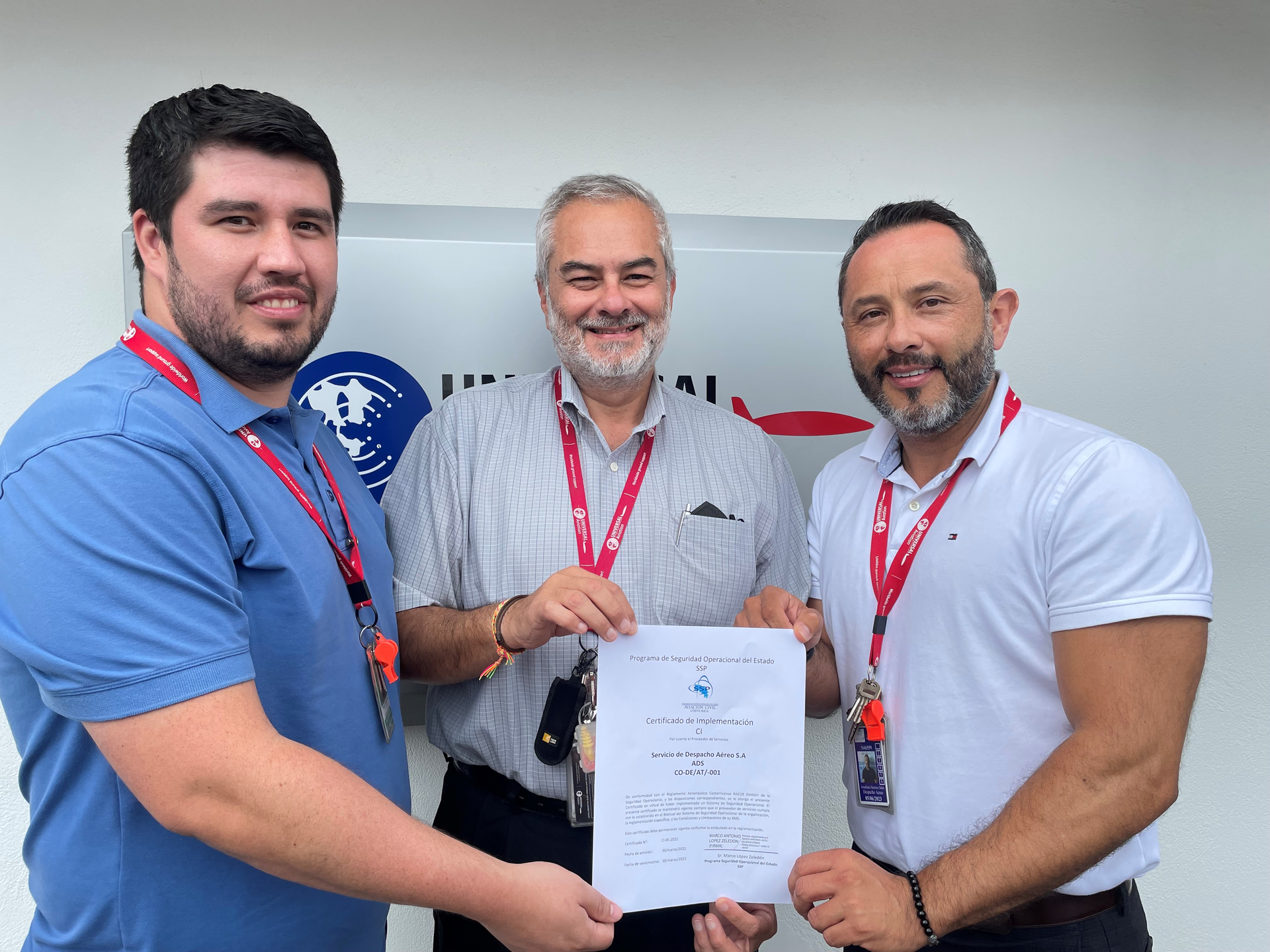 Universal Aviation Costa Rica becomes first service provider in Central America with CAA-approved SMS. From left to right: N&eacute;stor Villaverde, local safety and training coordinator, Universal Aviation Costa Rica; Helmuth &Aacute;lvarez, regional safety manager, Latin America & Caribbean, Universal Weather and Aviation Inc.; and Jonathan Herrera, operations manager, Universal Aviation Costa Rica.