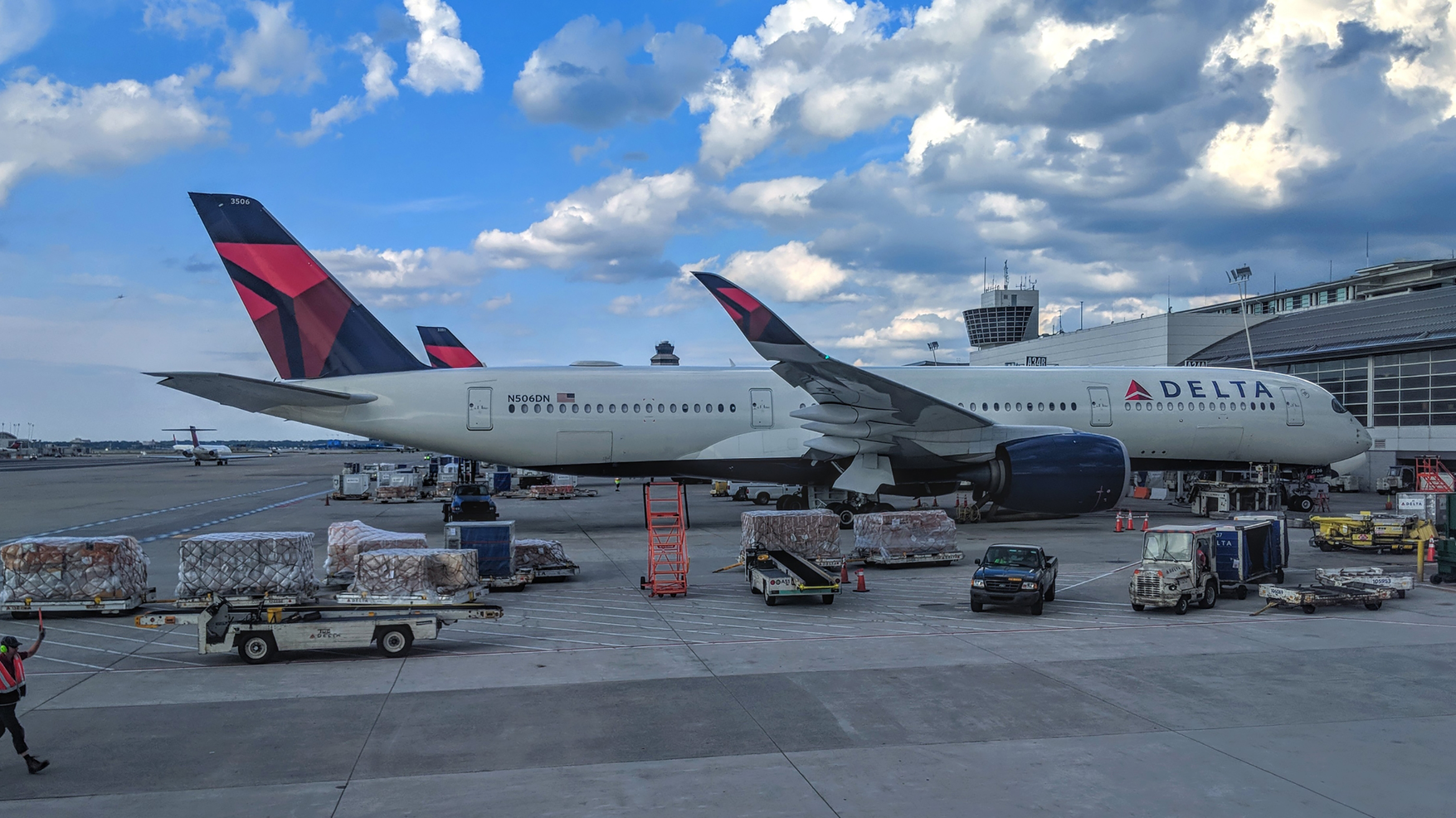 A Delta Airbus A350-900 N506DN waiting being loaded at Detroit Metropolitan Wayne County Airport.
