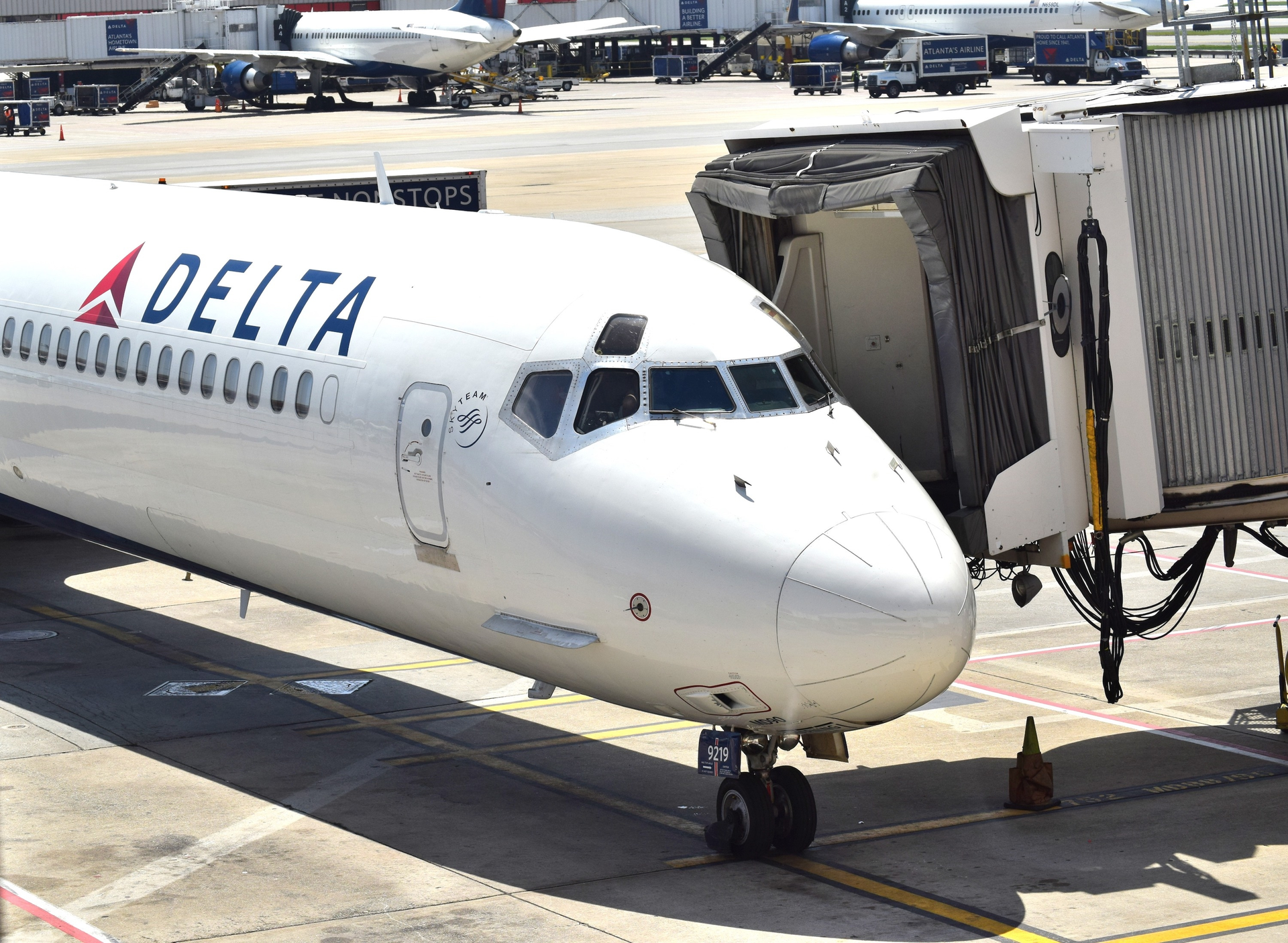 A Delta Airlines flight gated at Atlanta Hartsfield-Jackson International Airport.