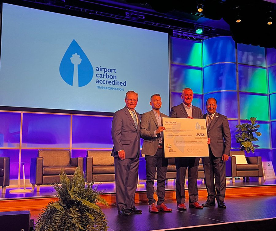 Phoenix Sky Harbor International Airport was presented with a Level 4 rating in the Airport Carbon Accreditation Program. Pictured here from left to right: ACI-NA President and CEO Kevin Burke, Phoenix Sky Harbor Assistant Chief Information Officer Daver Malik, Phoenix Sky Harbor Director of Aviation Services Chad Makovsky and ACI-NA Chairman and Kelowna International Airport Director Sam Samaddar.