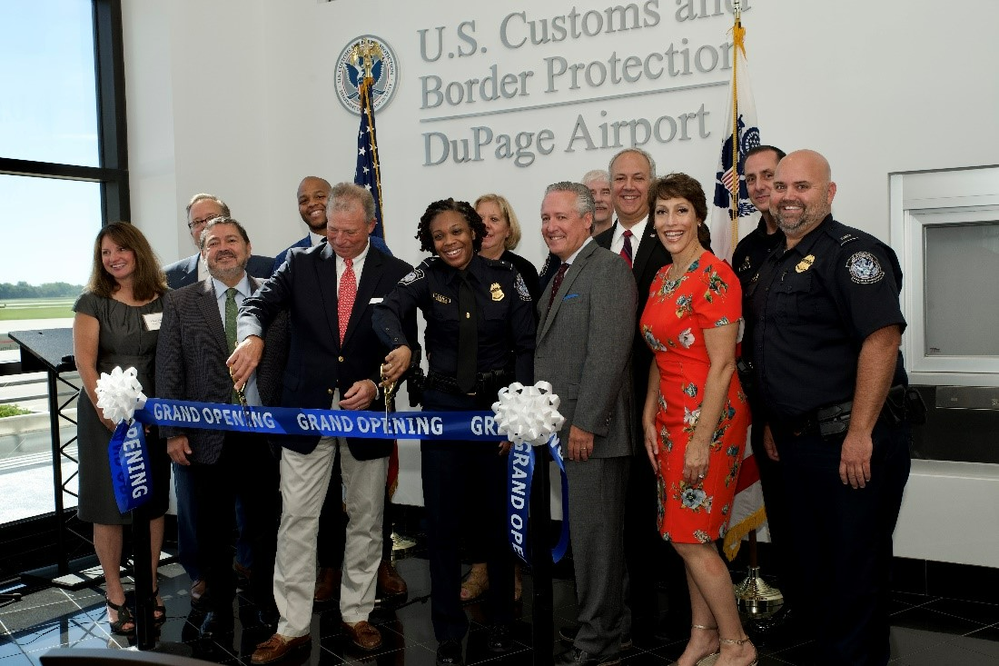 The DuPage Airport Authority (DAA) board of commissioners and staff gathered with representatives from the City of West Chicago, DuPage County and U.S. Customs and Border Protection to cut the ribbon on a new, $1.3 million Customs and Border Protection (CBP) facility, improving international arrivals at the airport.