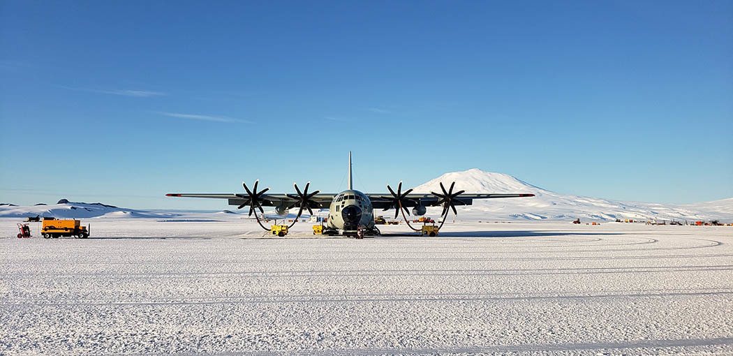An LC-130 'Skibird' Hercules assigned to the New York Air National Guard's 109th Airlift Wing sits on the skiway at Williams Field, Antarctica, Feb. 6, 2020. The 109th AW flies the largest ski-equipped aircraft in the world and supports Antarctic research.