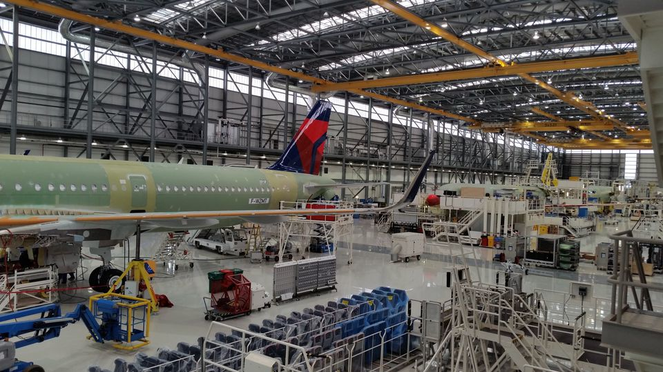 The main building at the Airbus Final Assembly Line in Mobile, Ala., has room for four jetliners to sit in line, with plenty of room. The jets advance across the workfloor as they progress through the stages of their assembly.
