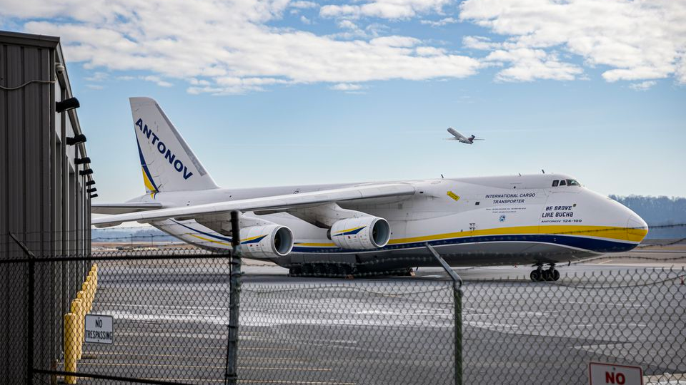 An Antonov 124-100 Ruslan aircraft sits on the tarmac at Harrisburg International Airport. The aircraft is carrying cargo for a private charter. December 29, 2022.