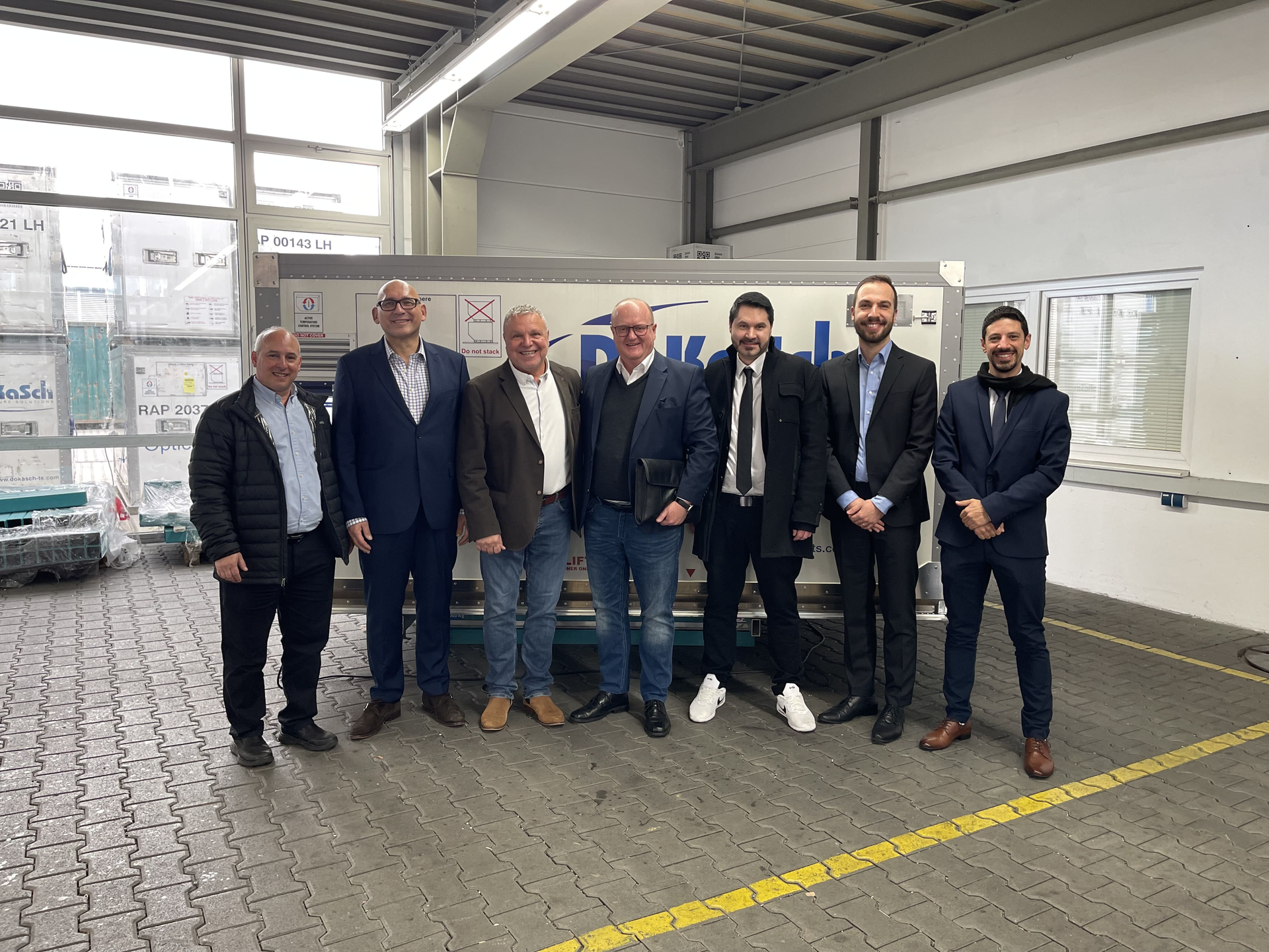 Representatives of EL AL Israel Airlines - Cargo Division and DoKaSch Temperature Solutions meet upon agreement of the Master Rental Agreement. Pictured (from left) are Moshe Popovich, Pharma Desk Manager, Cargo Division (EL AL); Andreas Seitz, Managing Director (DoKaSch TS); Moshe ben Haviv, Europe Commercial Manager, GSA & Interline Manager (EL AL); Axel Beckmann, Managing Director (EuroCargoAviation, Handling Agent EL AL); Philipp Wagner, Teamleader EL AL Cargo Operations (EuroCargoAviation, Handling Agent EL AL); Marc Kr&uuml;ger, Airline Partner Manager (DoKaSch TS); and Dor Saidof, Business Development Manager &ndash; Israel (DoKaSch TS).