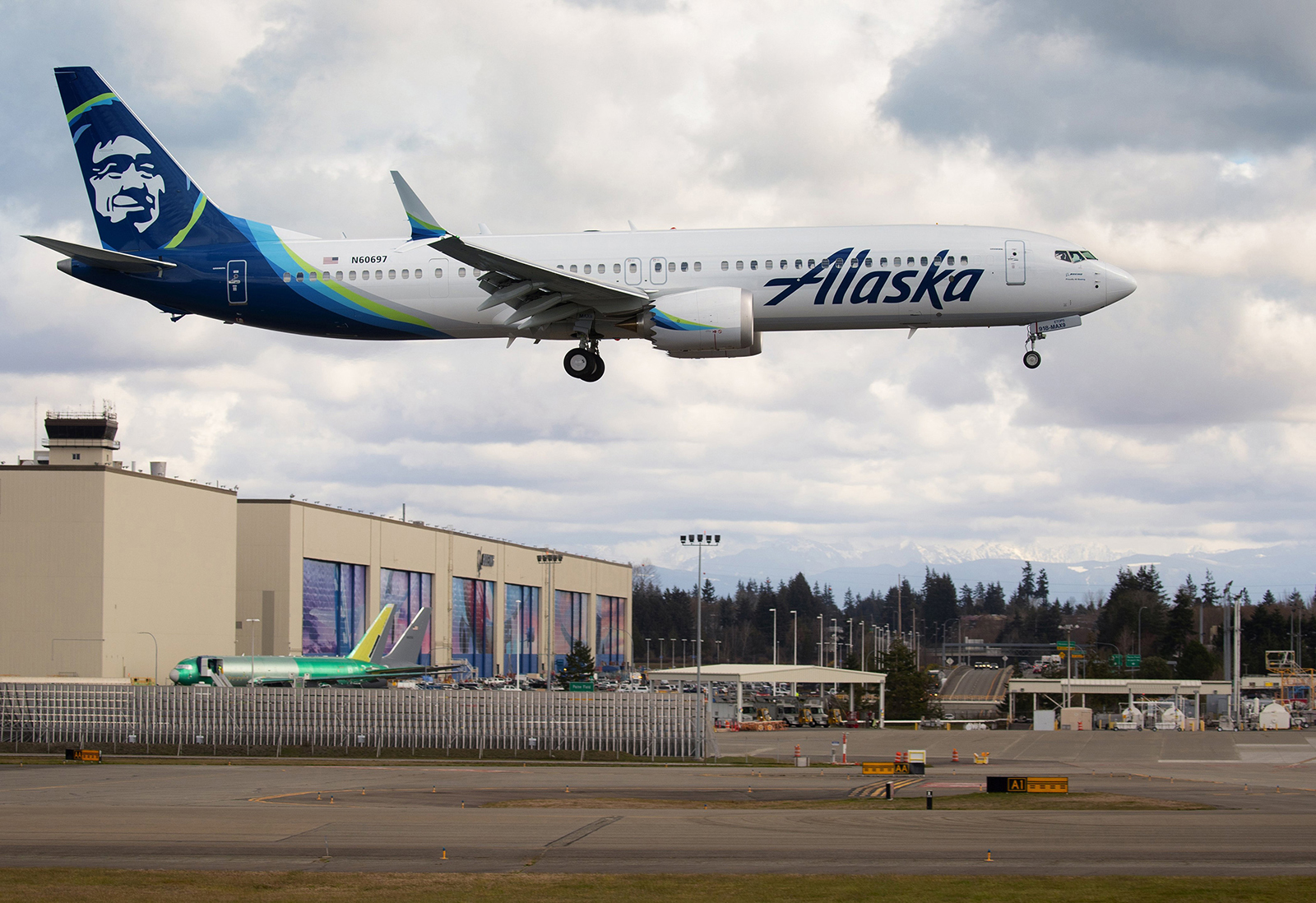 A Boeing 737 Max-9, built for Alaska Airlines, undergoes testing as it flies past the Boeing factory in Everett, Washington on March 23, 2020. Alaska said Wednesday it plans to change its MAX order to include larger MAX 10 models, available in 2024.